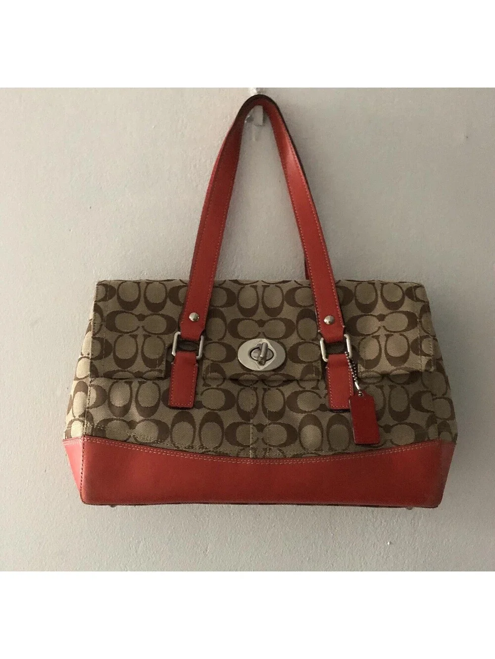 Vintage COACH Hamptons Signature Flap Satchel Bag F13070 Brown Coral Tote